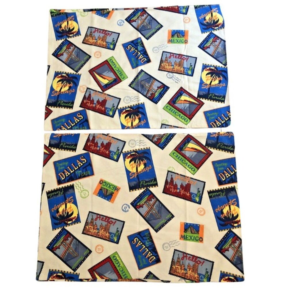 JCPenney Flannel Pillow Cases Retro USA Travel Postcard Queen Sz Retro Set of 2
